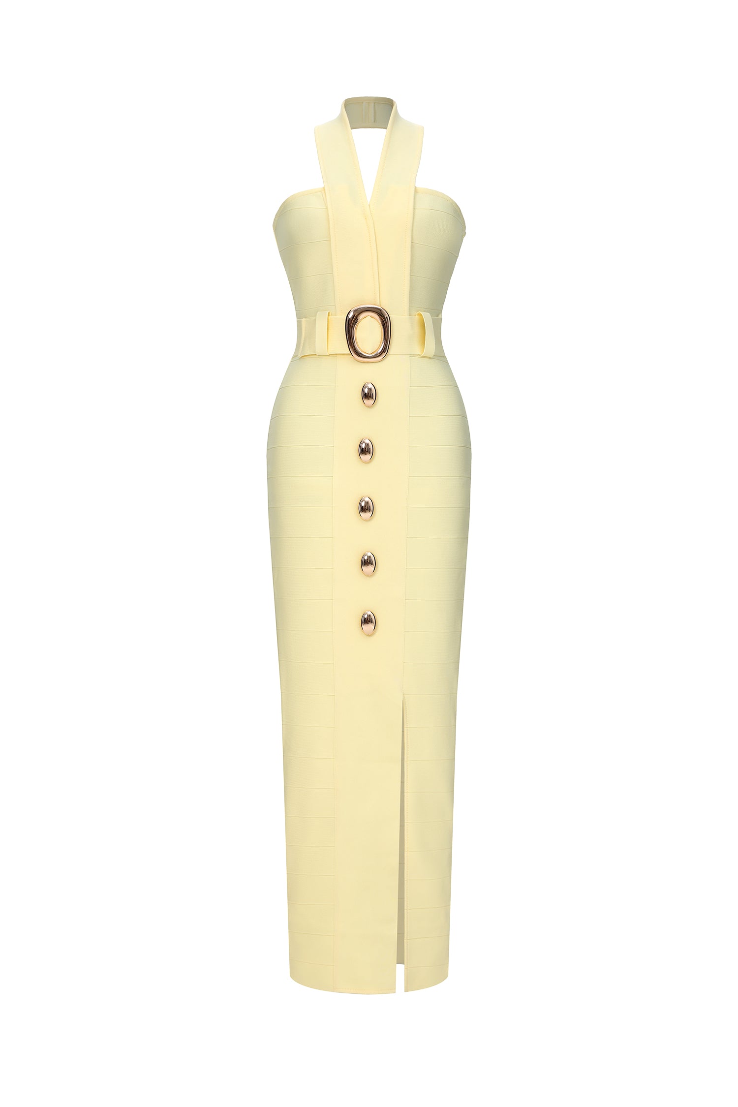 PALE YELLOW HALTER BANDAGE MIDI DRESS, DEEP V, SIDE SLIT