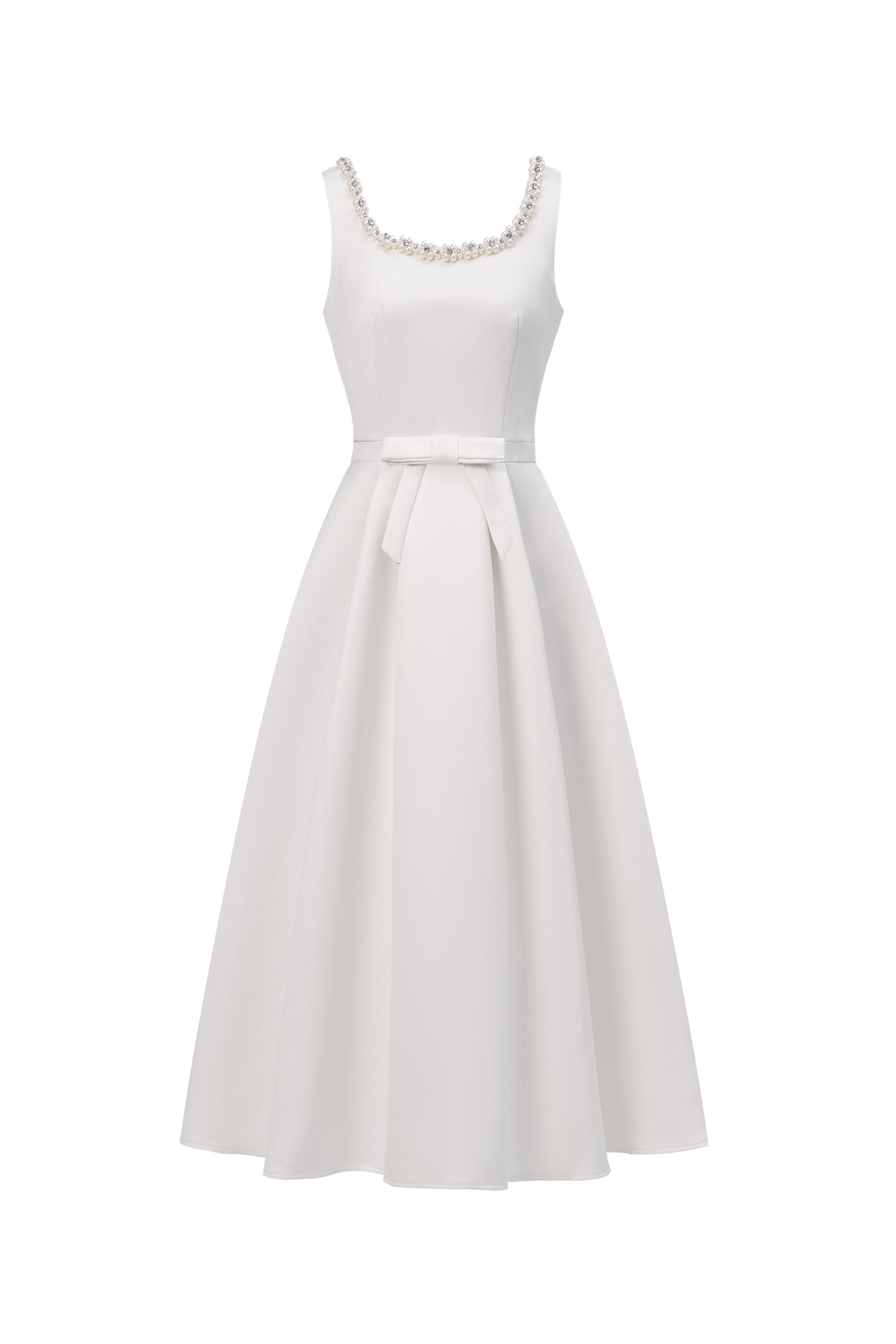 D260101284-White-S CRYSTAL SQUARE NECK BOW WAIST A-LINE MIDI DRESS