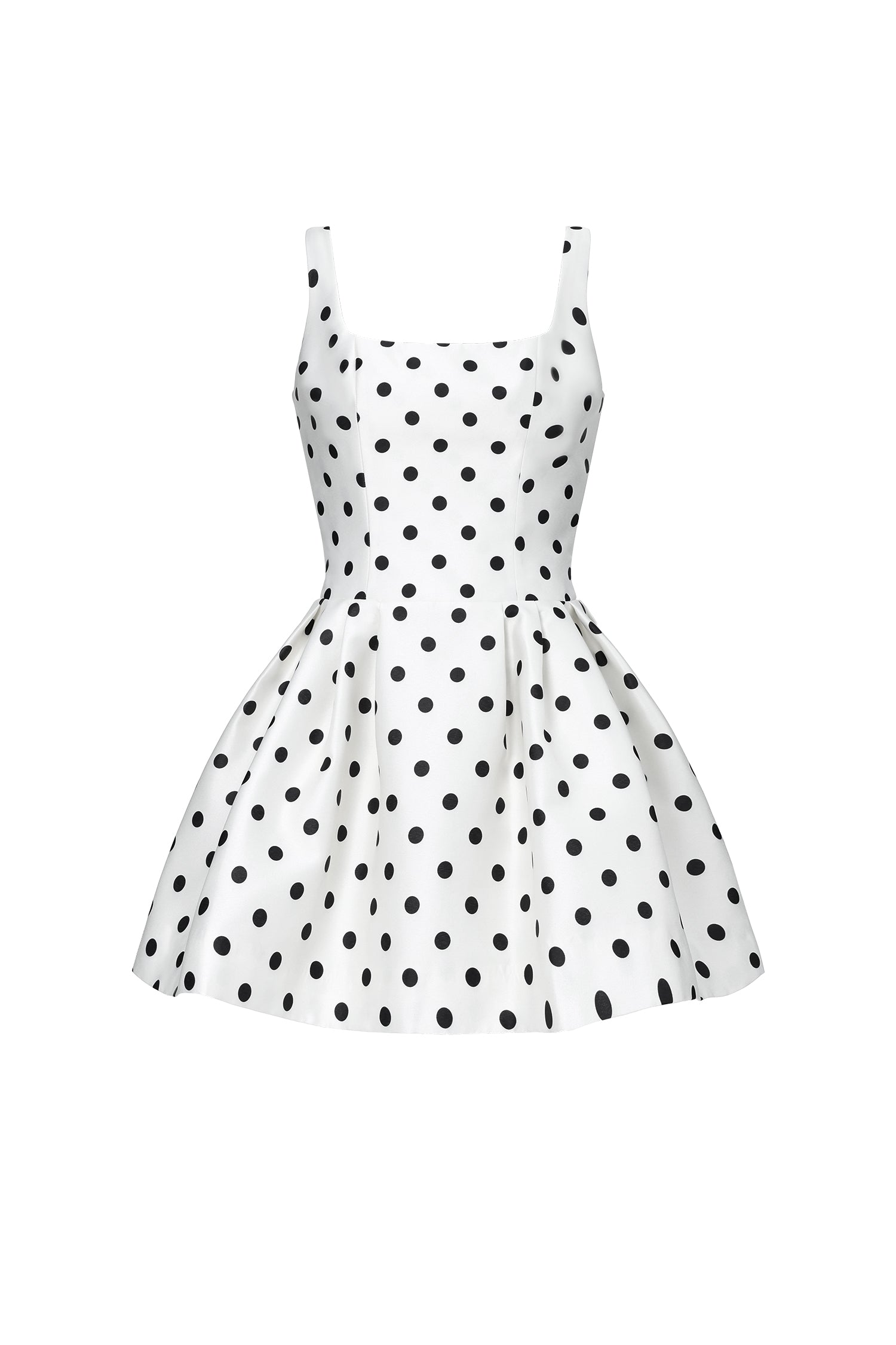 D260205104-Floral-S WHITE BLACK POLKA DOT SATIN SQUARE NECK SLEEVELESS FIT & FLARE MINI DR