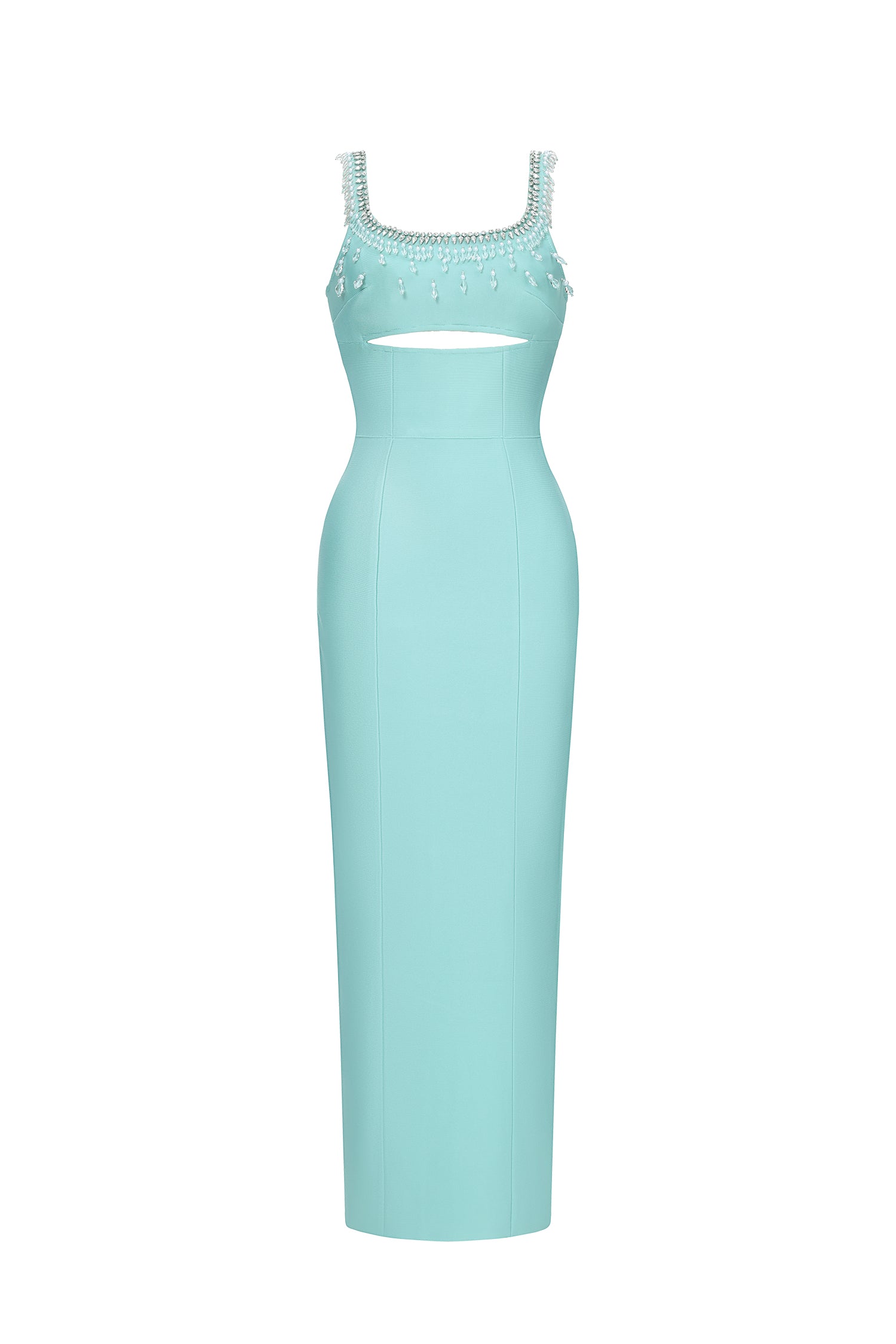 D260301440-MintGreen-S MINT BEADED SQUARE NECK CUTOUT MIDI BODYCON DRESS