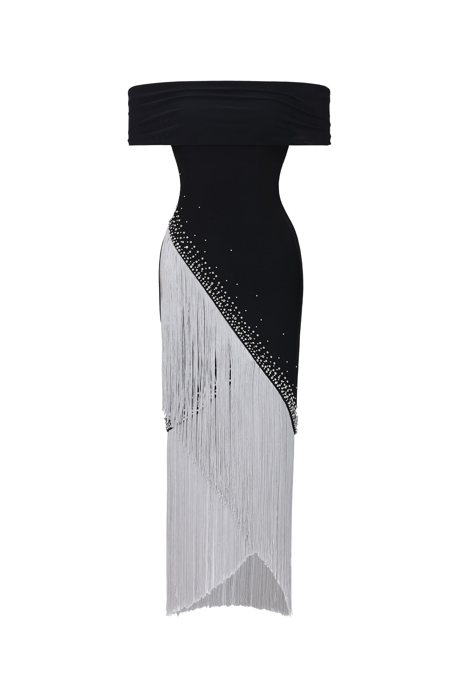 D260401294-Black-S OFF SHOULDER RHINESTONE DIAGONAL FRINGE MIDI BANDAGE DRESS