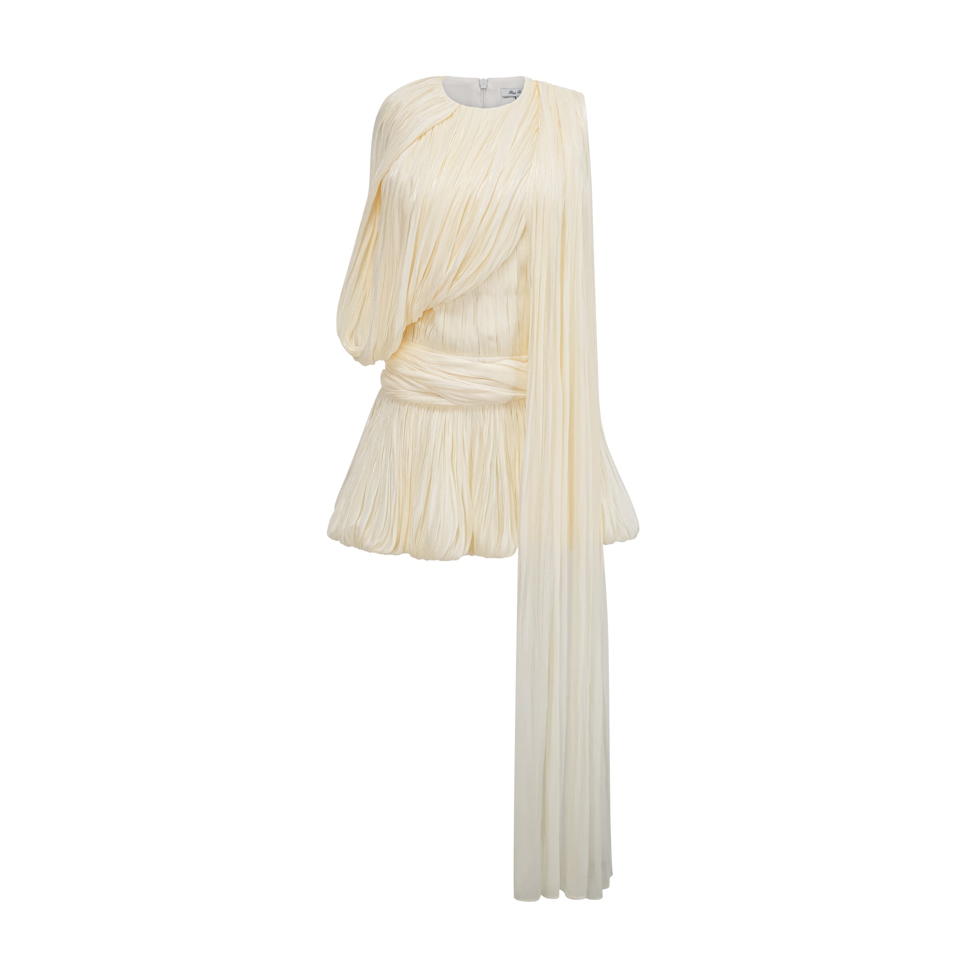 DSC05220_8e277720-5a45-41ab-93e7-b96dacfda08f CREAM PLEATED ASYMMETRICAL ONE PUFF SLEEVE WRAP WAIST BUBBLE MINI DRESS WITH LONG FLOATING SASH