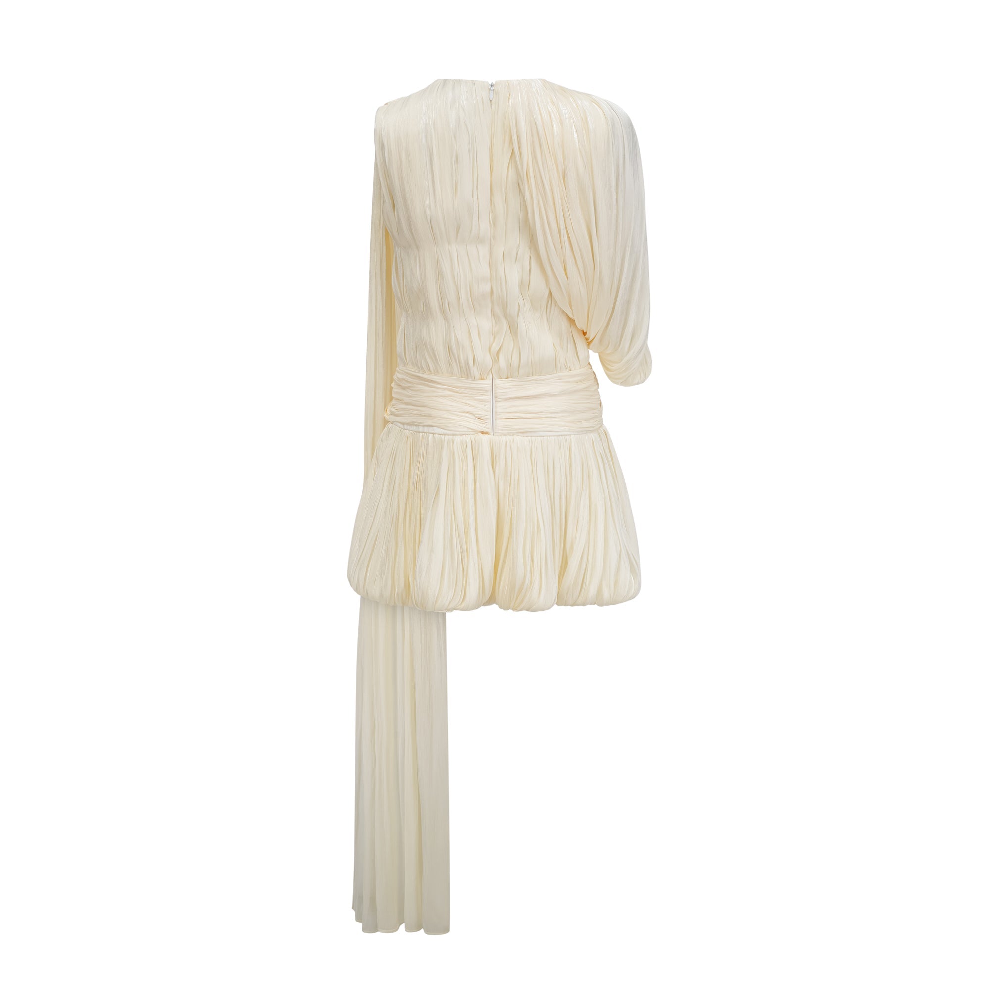 DSC05228_a612c0ba-69c5-4396-a5b3-fe15be5e2f30 CREAM PLEATED ASYMMETRICAL ONE PUFF SLEEVE WRAP WAIST BUBBLE MINI DRESS WITH LONG FLOATING SASH