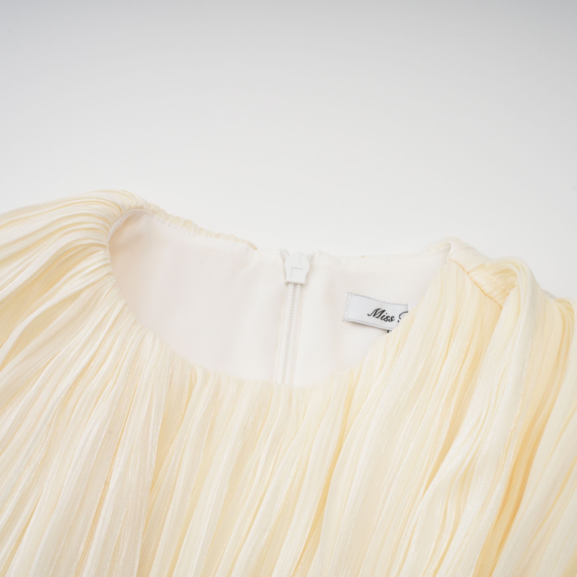 DSC05242_9121daf1-3de7-4513-8ae8-179970d6dfcb CREAM PLEATED ASYMMETRICAL ONE PUFF SLEEVE WRAP WAIST BUBBLE MINI DRESS WITH LONG FLOATING SASH