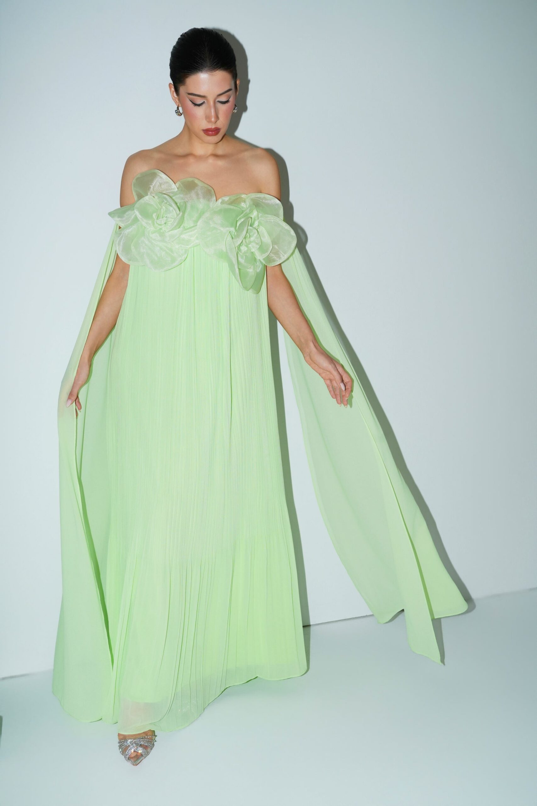 DSC07316 LIGHT GREEN 3D FLOWER OFF-SHOULDER PLEATED CHIFFON EVENING GOWN