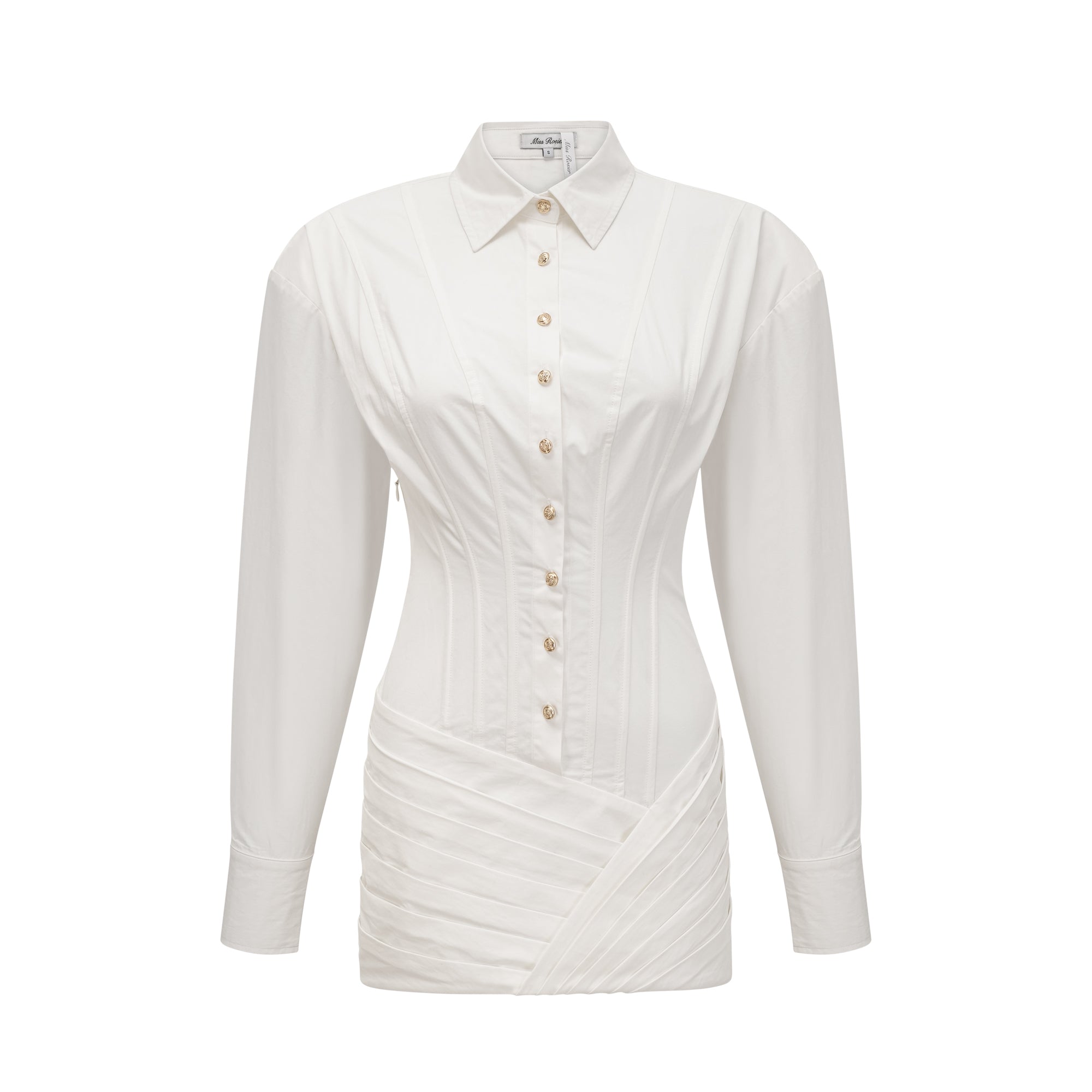 DSC07605 WHITE CORSET WRAP MINI DRESS, LONG SLEEVE TWIST