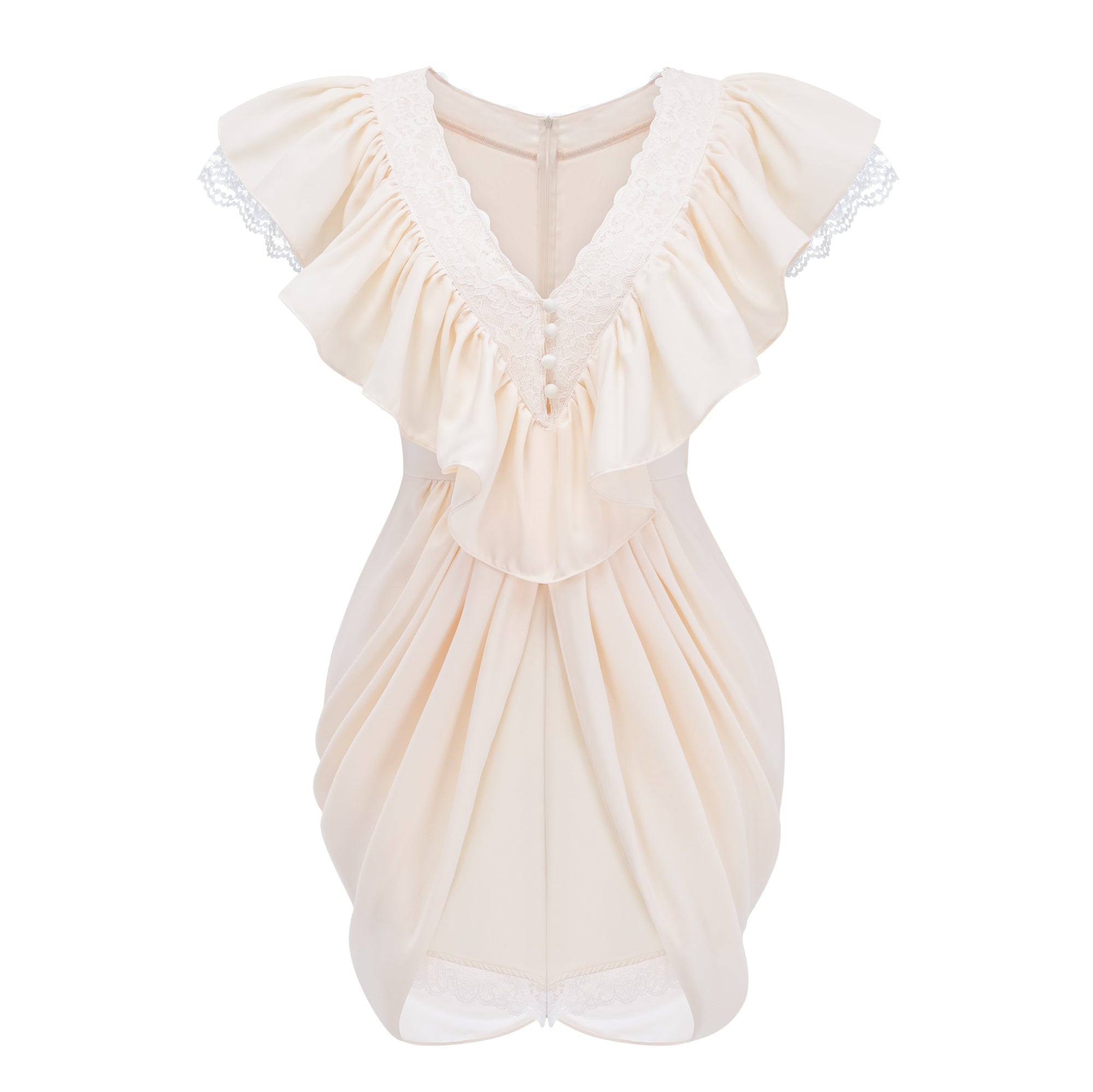 LACE V-NECK RUFFLE SATIN MINI ROMPER
