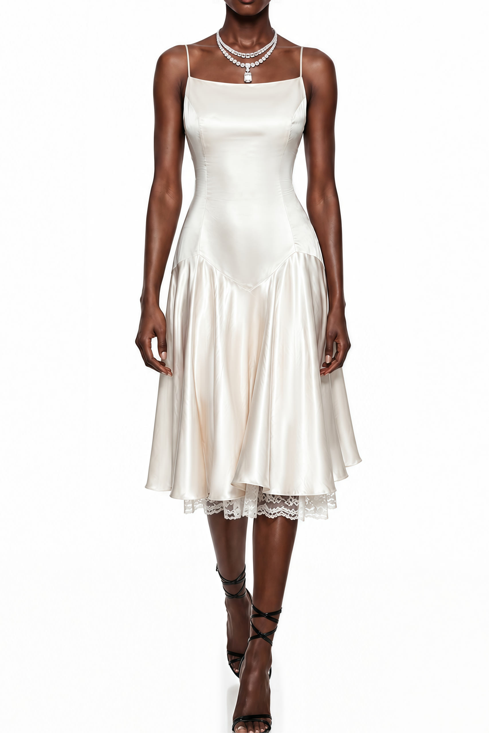 IVORY SATIN MIDI SLIP DRESS, SPAGHETTI STRAP LACE HEM