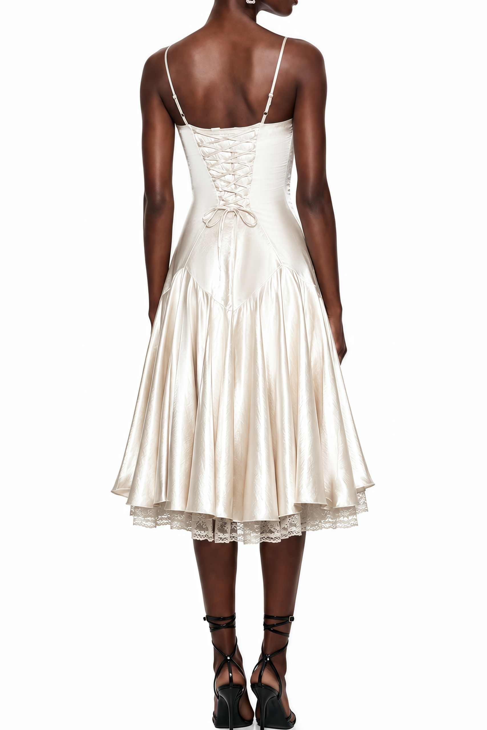 IVORY SATIN MIDI SLIP DRESS, SPAGHETTI STRAP LACE HEM