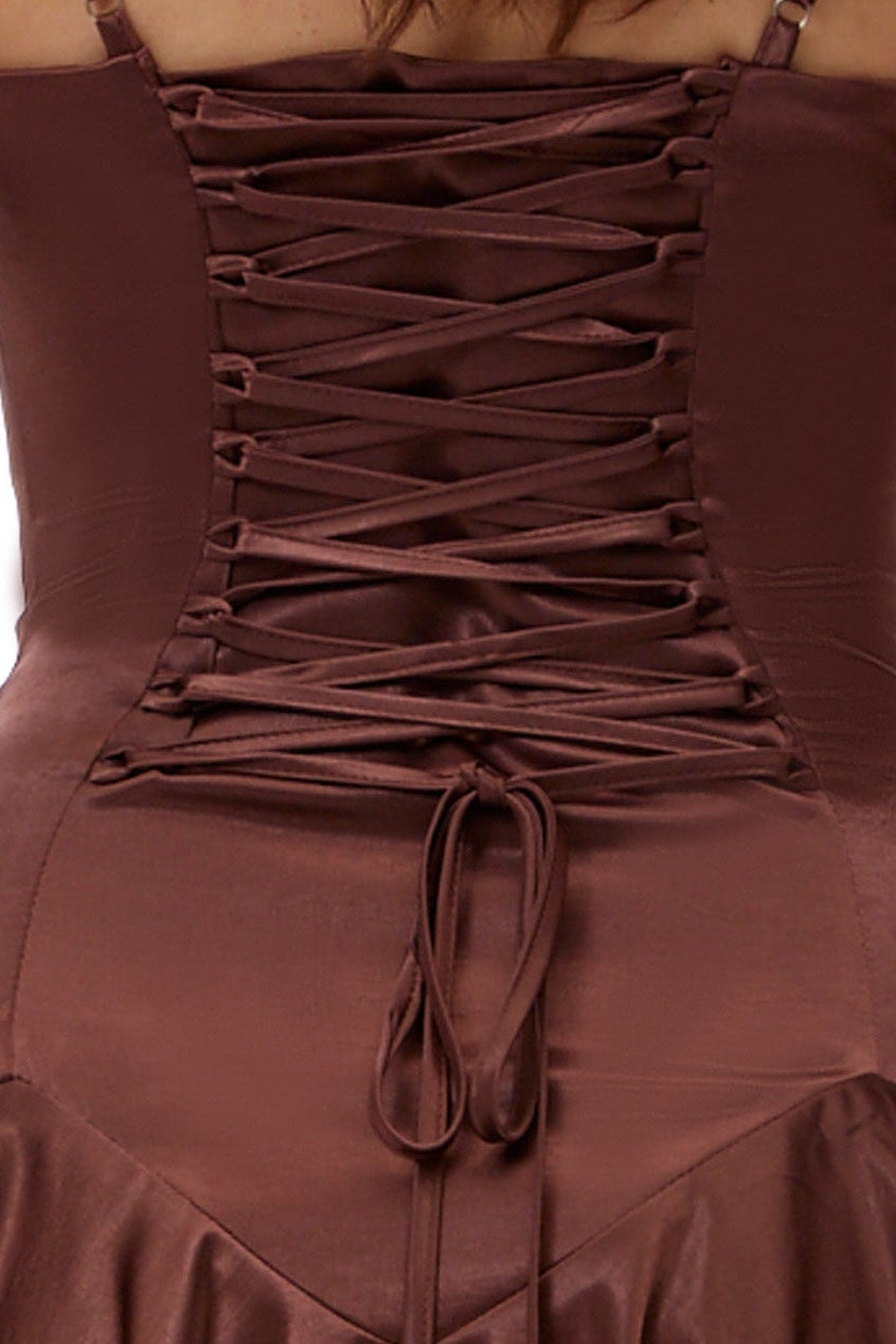 HanifeChocolateBrownSatinMidiDresswithLacePanels_1_b732d6ea-f9cb-4766-af7f-76539cb7c328 CHOCOLATE SATIN LACE HEM MIDI DRESS, SPAGHETTI STRAP