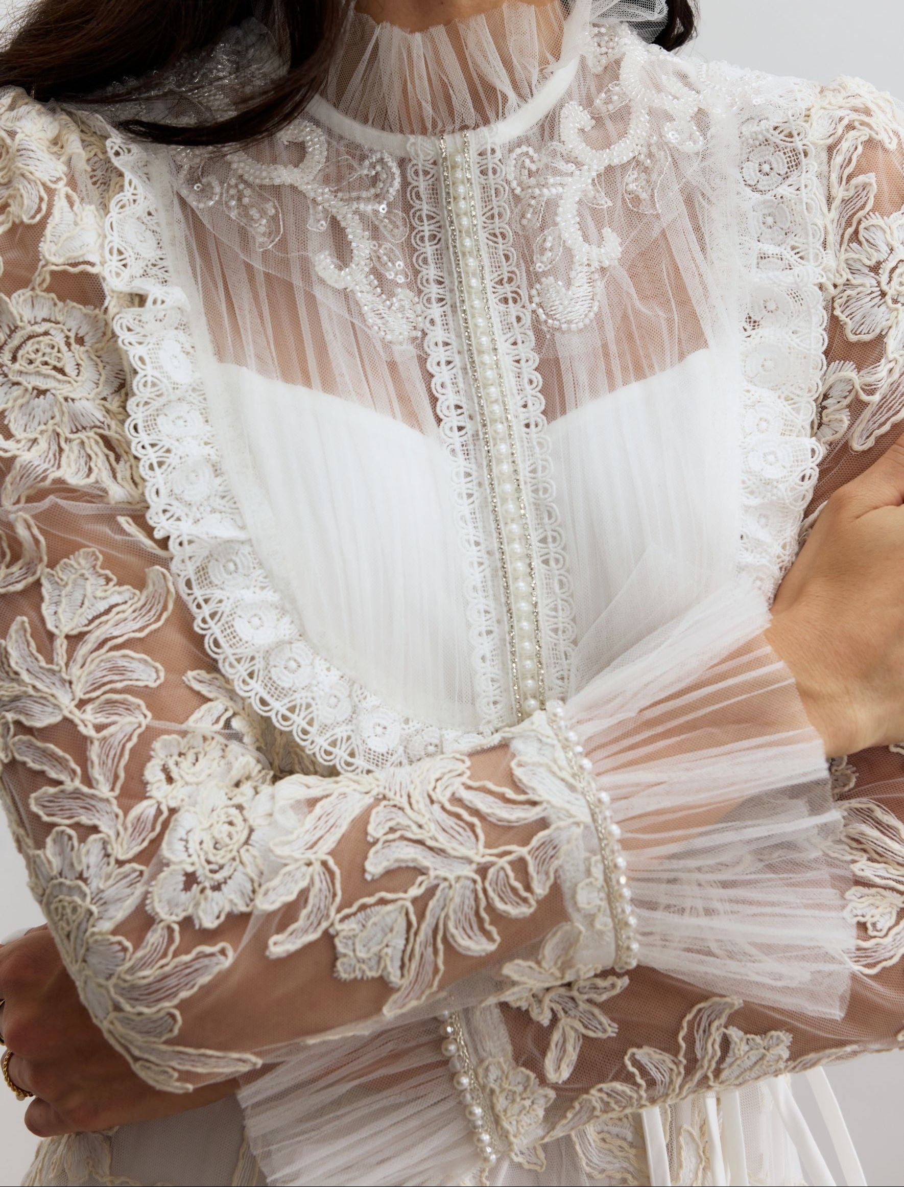 MEITU-20250624-142217364 CREAM LACE RUFFLE HIGH NECK BELTED MAXI DRESS