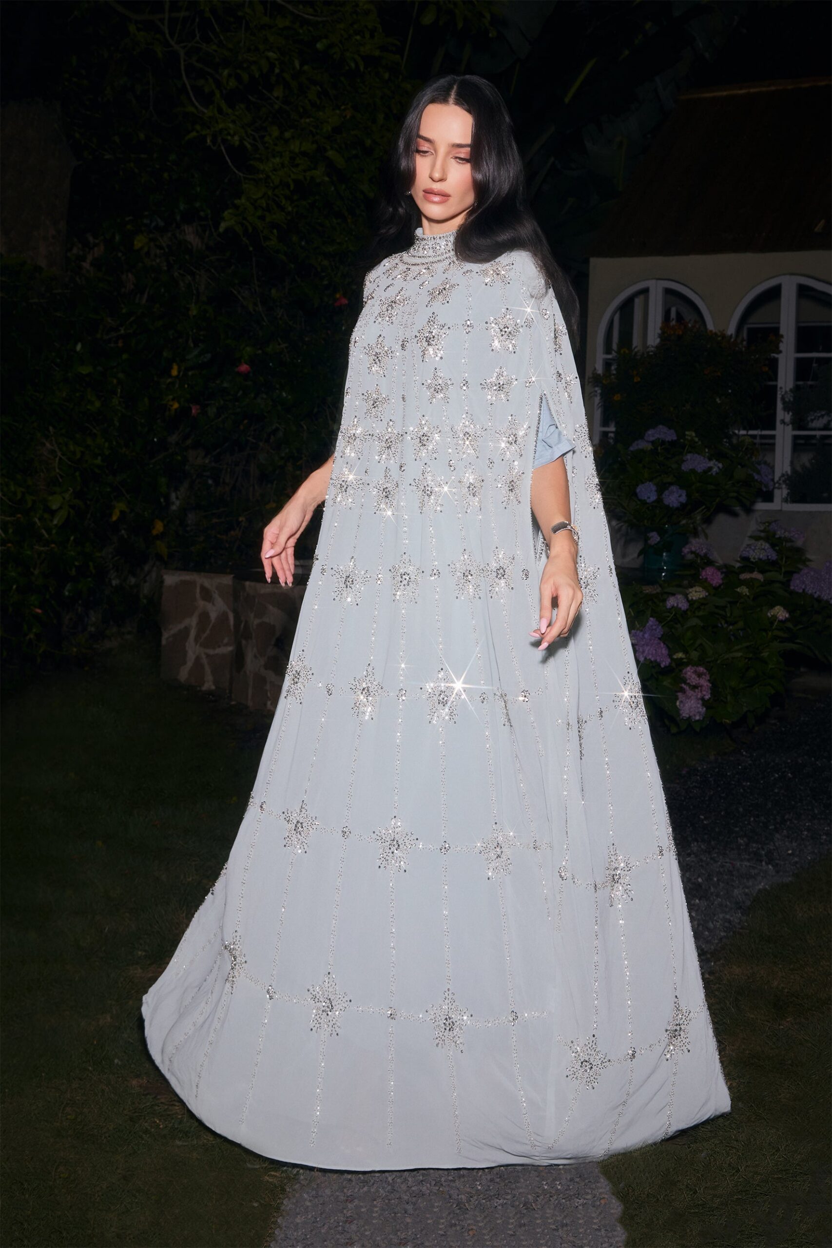 MEITU-20251201-173455892 LIGHT BLUE STAR RHINESTONE CAPE KAFTAN GOWN