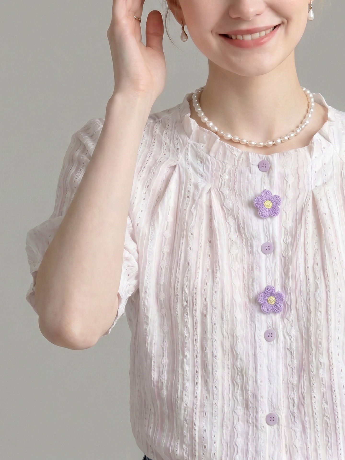 O1CN0106xfxh1fP8cSsOx2p__163593998 RUFFLED CREW NECK EYELET PUFF SLEEVE BLOUSE WITH FLORAL BUTTONS