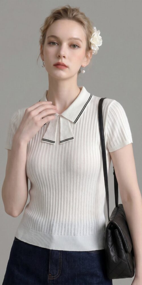 O1CN010DQerk1fP8cHBaZVS__163593998 STRIPED BOW TIE KNIT TOP, SHORT SLEEVE CASUAL STYLE