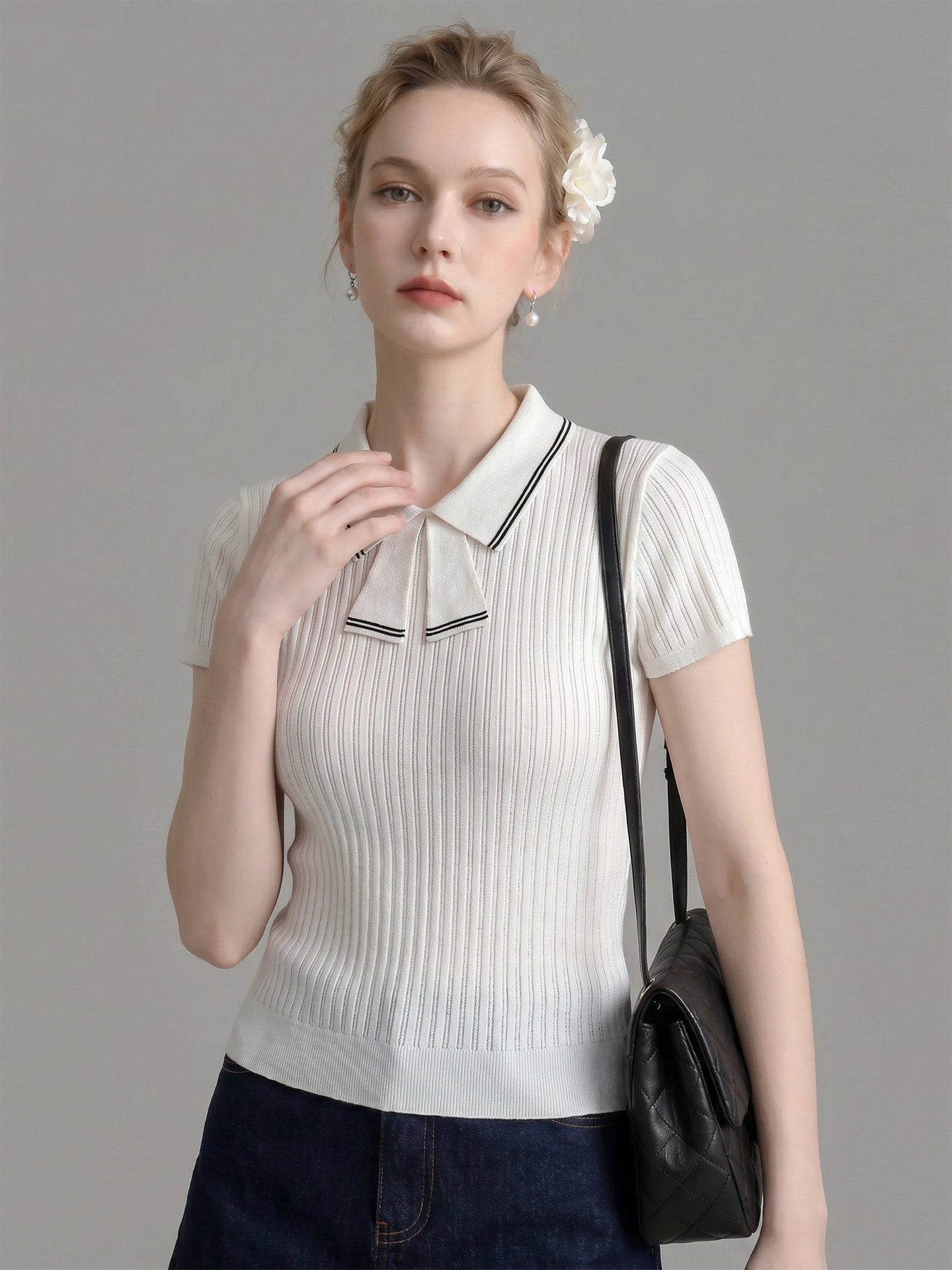 STRIPED BOW TIE KNIT TOP, SHORT SLEEVE CASUAL STYLE