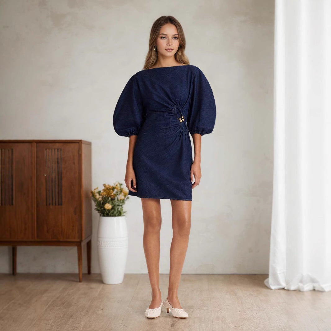 O1CN010EkG8U1zMCJBkvII0__2217524266699-0-cib DARK DENIM BOAT NECK PUFF SLEEVE SIDE RUCHED GOLD BUTTON MINI DRESS