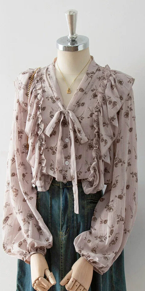 O1CN010MUTha1fP8Syr0yJ1__163593998 V-NECK BOW RUFFLE FLORAL PUFF-SLEEVE BLOUSE