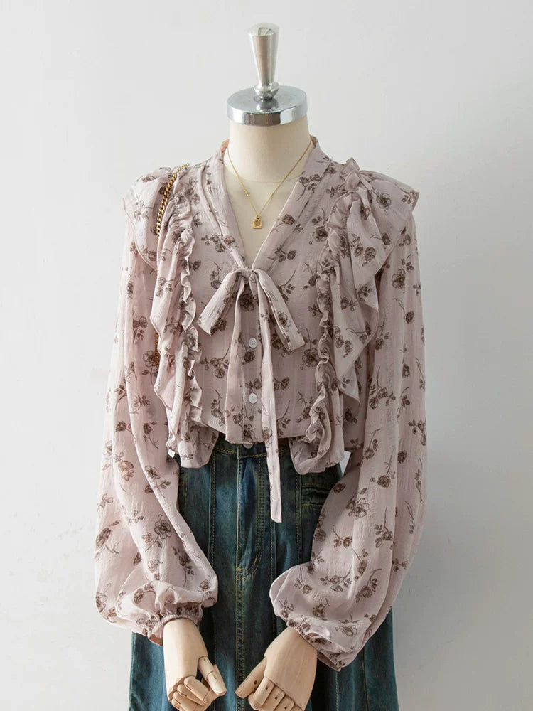 O1CN010MUTha1fP8Syr0yJ1__163593998 V-NECK BOW RUFFLE FLORAL PUFF-SLEEVE BLOUSE