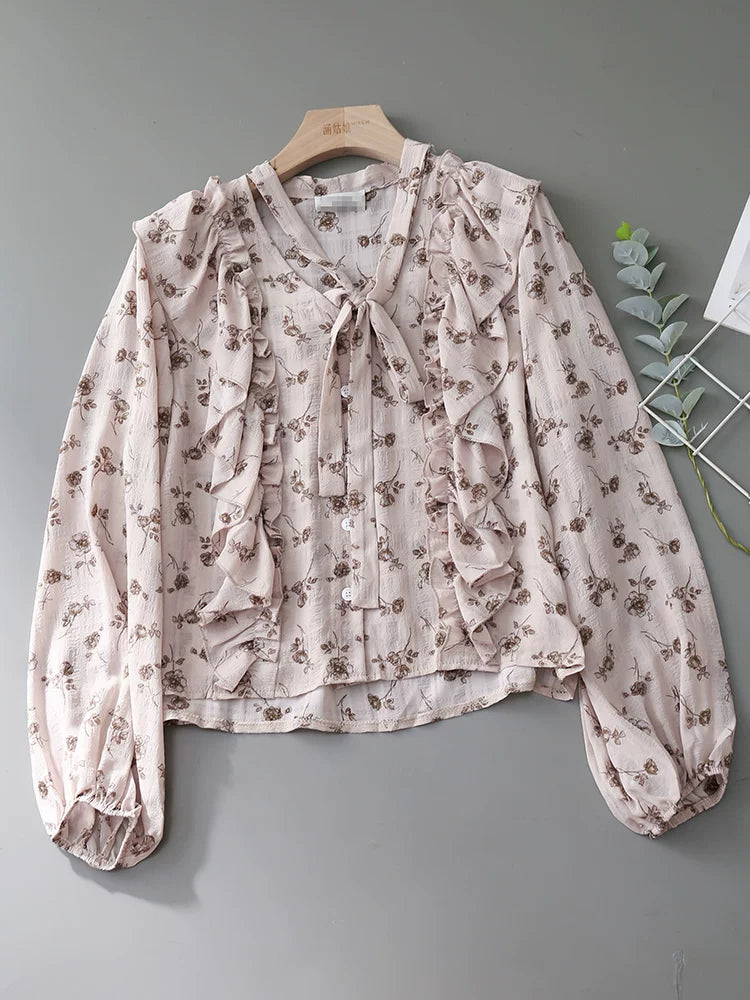 O1CN010XmX6B1fP8T008dR0__163593998 V-NECK BOW RUFFLE FLORAL PUFF-SLEEVE BLOUSE