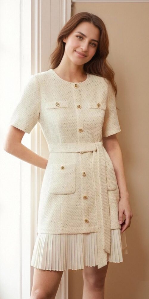 O1CN010f3QqY1zMCInmFSk3__2217524266699-0-cib CREAM SPARKLY TWEED BELTED PLEATED MINI DRESS