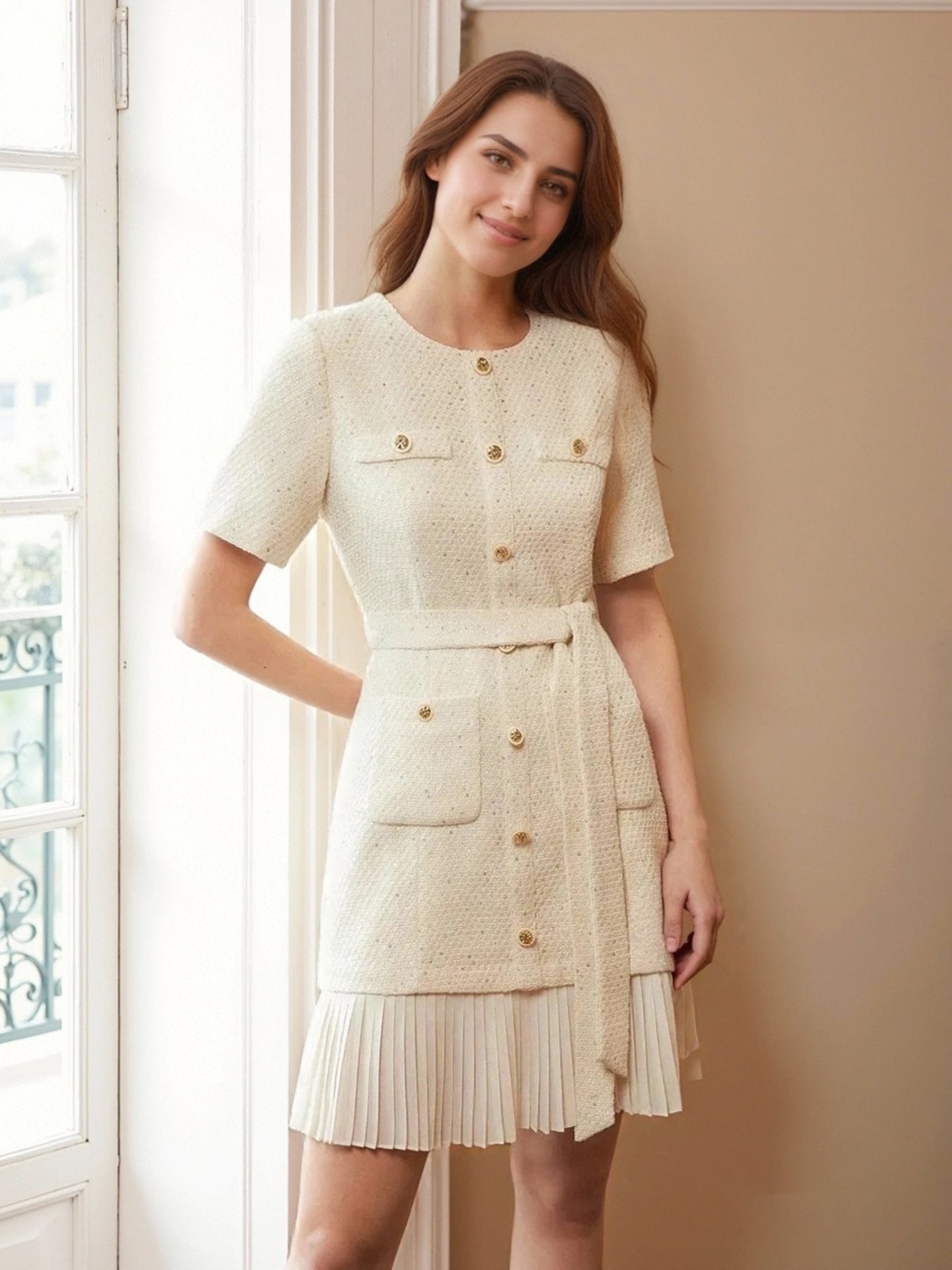 O1CN010f3QqY1zMCInmFSk3__2217524266699-0-cib CREAM SPARKLY TWEED BELTED PLEATED MINI DRESS