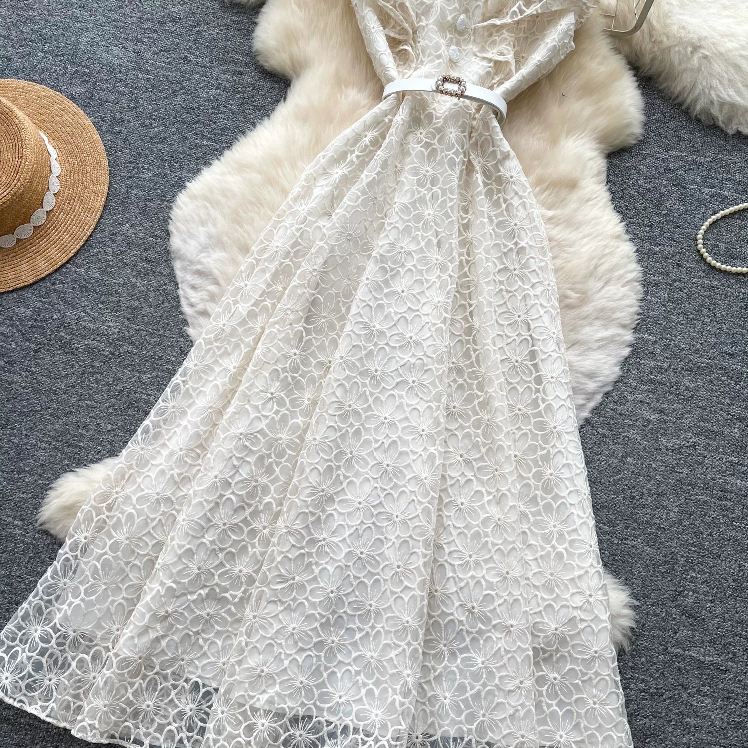 O1CN011TDqkx24PTIe7Ghmz__381577383 MANDARIN COLLAR LACE MIDI DRESS WITH RUFFLE SLEEVE & BELT
