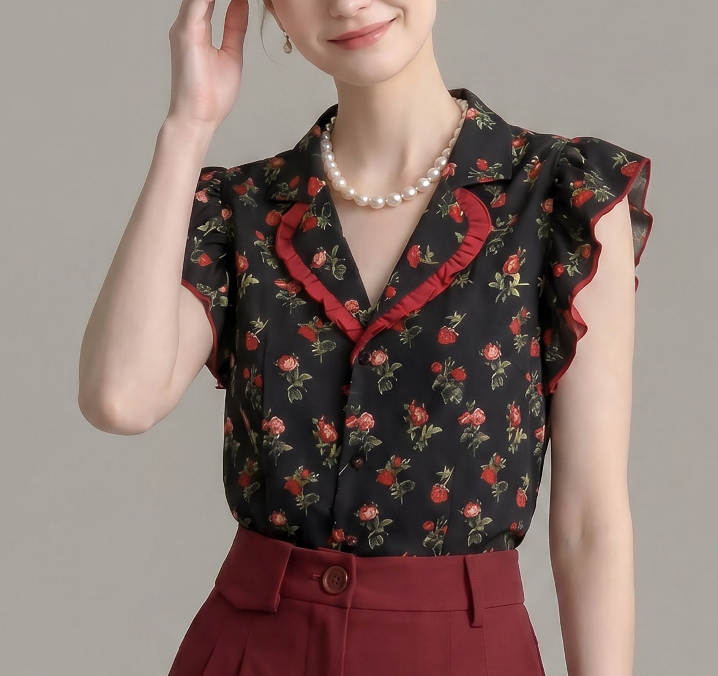 O1CN0121fCcq1fP8cQ68G8L__163593998 RED ROSE RUFFLE SLEEVELESS SHIRT FOR WEDDING GUEST