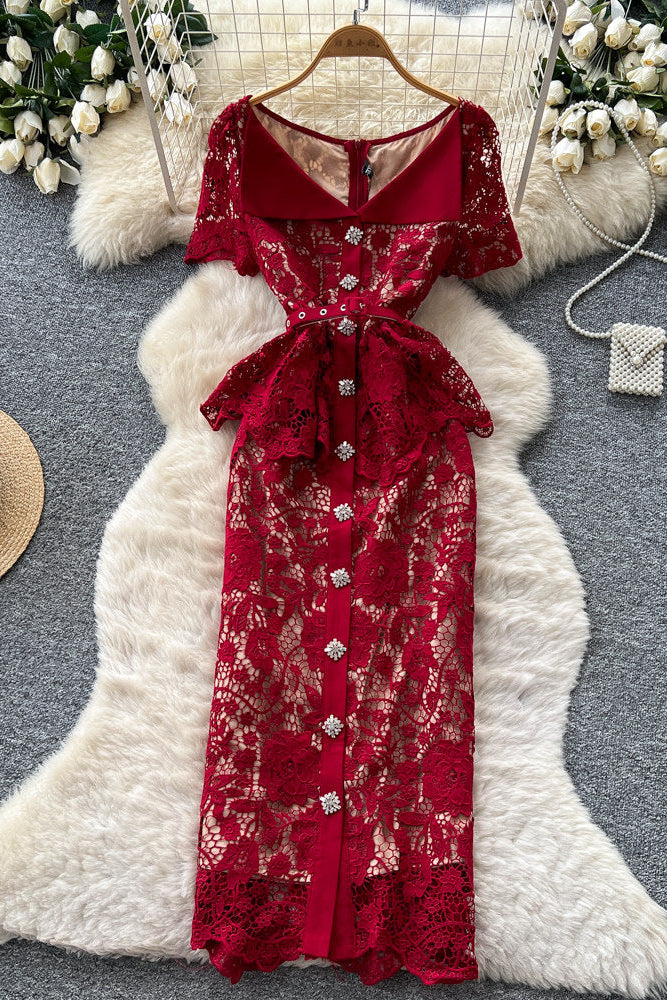 DARK RED PEPLUM LACE SHEATH DRESS, FORMAL