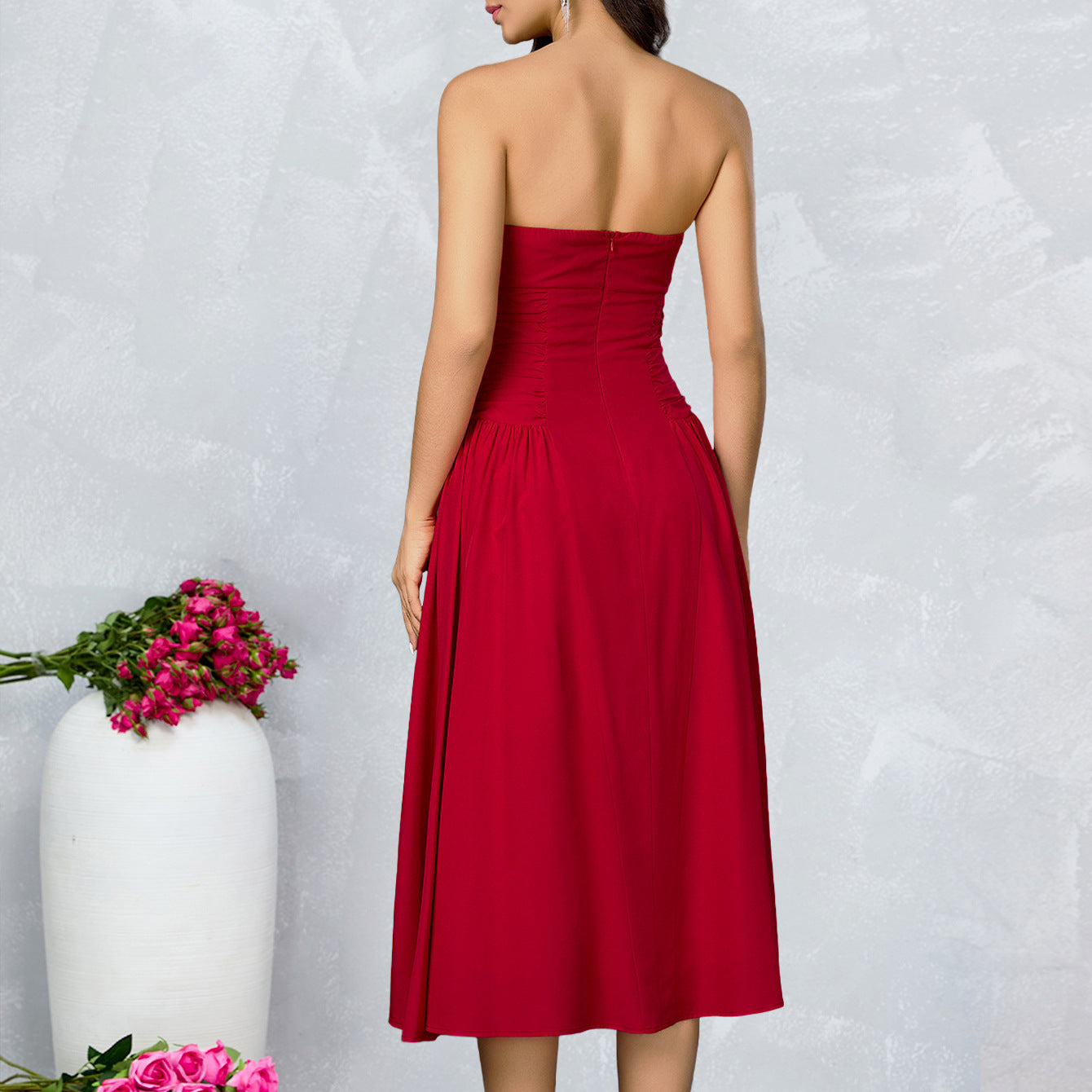 O1CN012GWlCu23jKp5tO2ZD__3423897291-0-cib STRAPLESS RUCHED FLARED MIDI DRESS FOR WEDDING