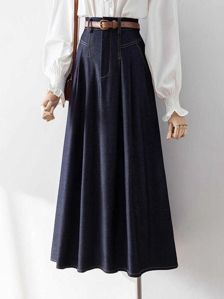 O1CN012KORPg1fP8ULqcVAx__163593998 HIGH WAIST PLEATED DENIM MIDI SKIRT W/ LEATHER BELT