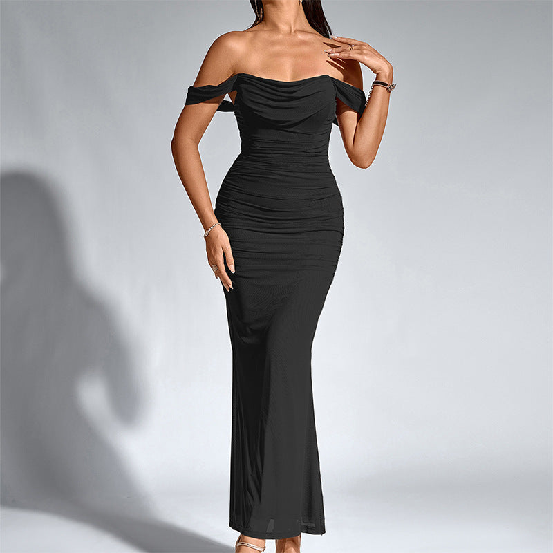 O1CN012Mh2M923jKlBqBIrg__3423897291-0-cib OFF SHOULDER DRAPED COWL RUCHED MESH MERMAID MAXI DRESS