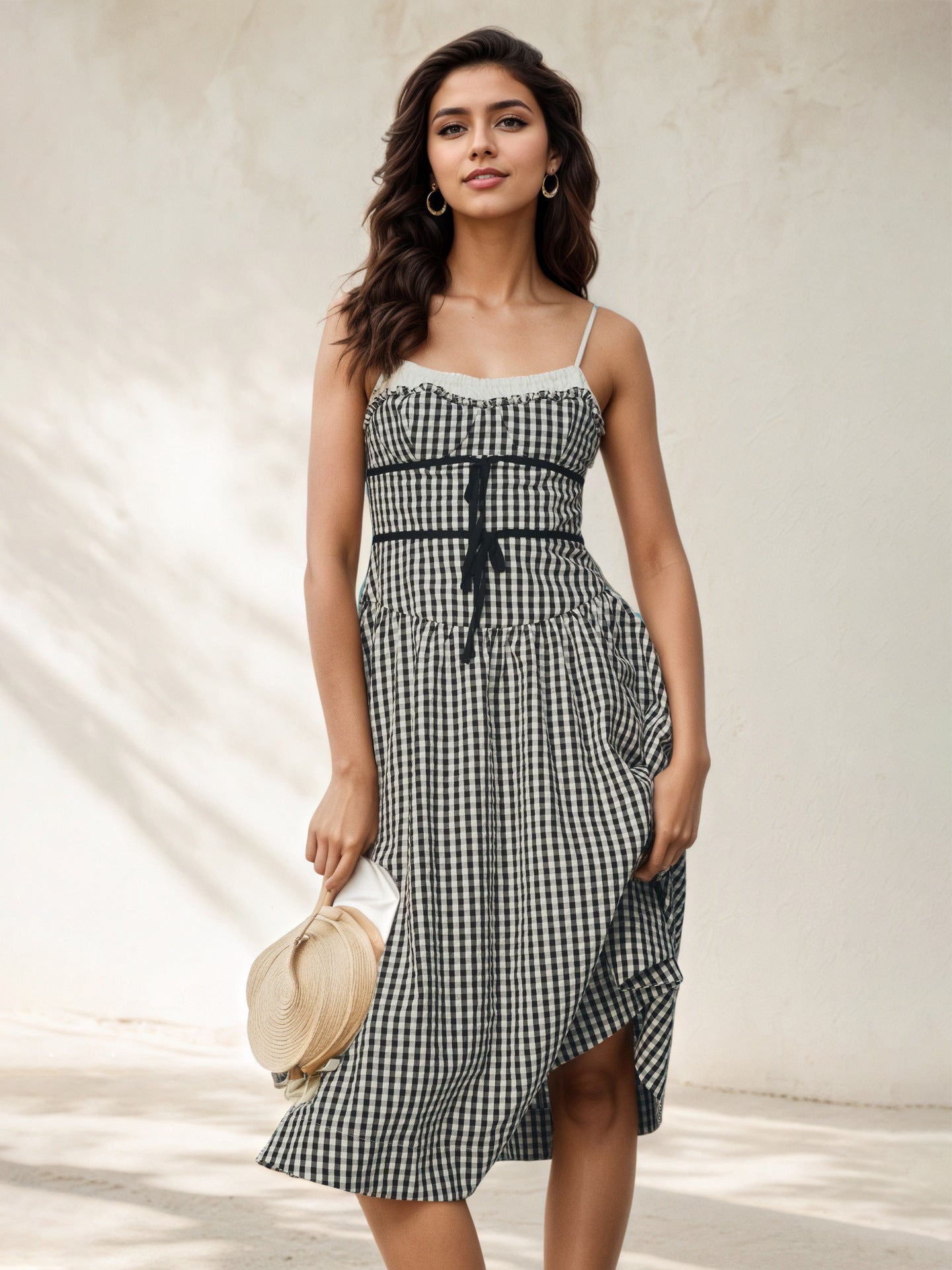 O1CN012m7Zol1zMCIGwPNOq__2217524266699-0-cib BLACK WHITE GINGHAM RUFFLE CAMI SELF-TIE WAIST FLOWY MIDI DRESS