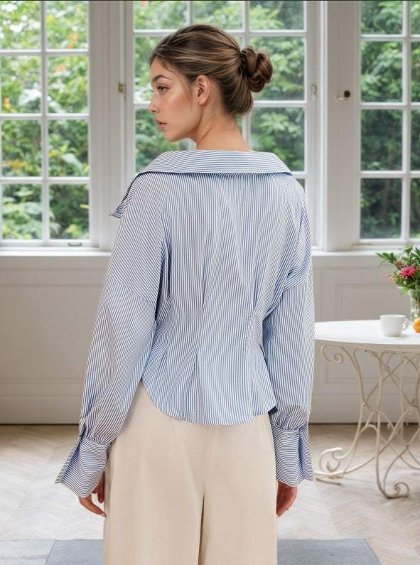 BLUE WHITE STRIPE OFF SHOULDER COLLARED CINCHED WAIST PEPLUM SHIRT
