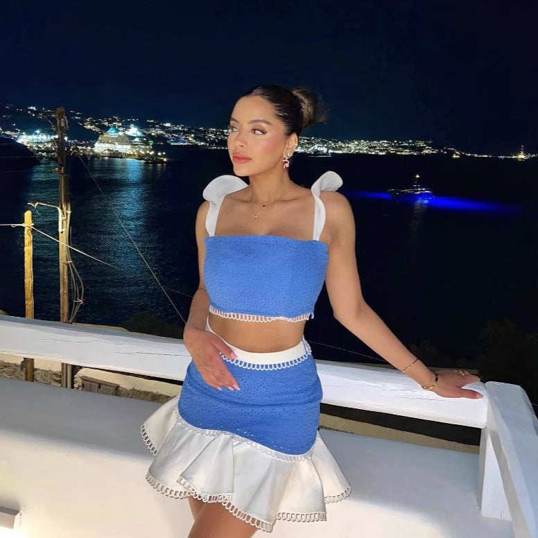 RUFFLE EYELET TWO-PIECE SKIRT SET FOR SUMMER