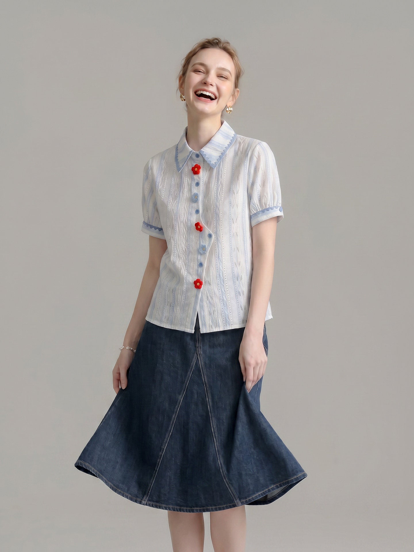 O1CN013fF1PX1fP8cRGg7qJ__163593998 STRIPED EYELET SHIRT WITH LACE TRIM & 3D FLORAL BUTTONS