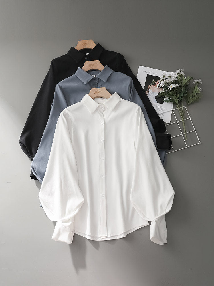 LANTERN SLEEVE POINT COLLAR WORK BLOUSE