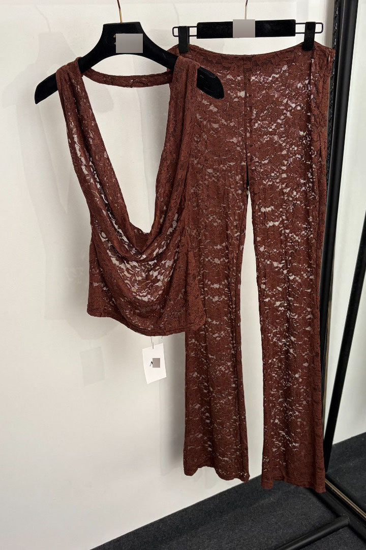 O1CN014HDgar23adL5eoOY5__2218792767272-0-cib CHOCOLATE BROWN LACE HALTER COWL NECK TOP & FLARED PANTS SET