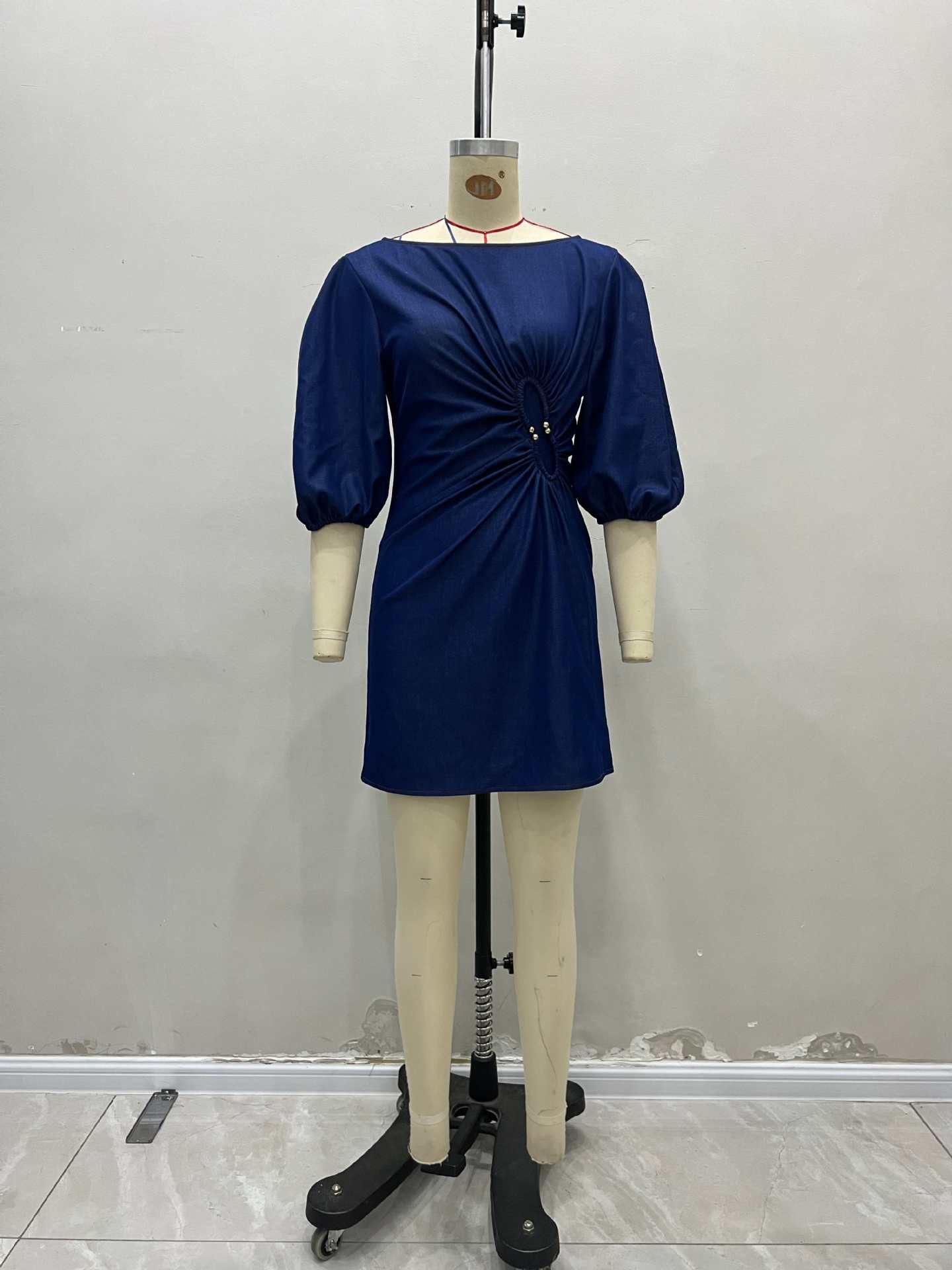 O1CN014QBLog1zMCJTKWAxX__2217524266699-0-cib DARK DENIM BOAT NECK PUFF SLEEVE SIDE RUCHED GOLD BUTTON MINI DRESS