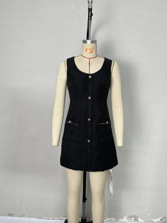 O1CN014S8KcL1zMCJ0iMvaS__2217524266699-0-cib BLACK TWEED SCOOP NECK SLEEVELESS GOLD BUTTON POCKET MINI DRESS