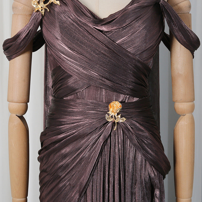 O1CN014kweM61v3BTFuWTfi__2485646116-0-cib BRONZE METALLIC DRAPED A-LINE GOWN HIGH SLIT EVENING