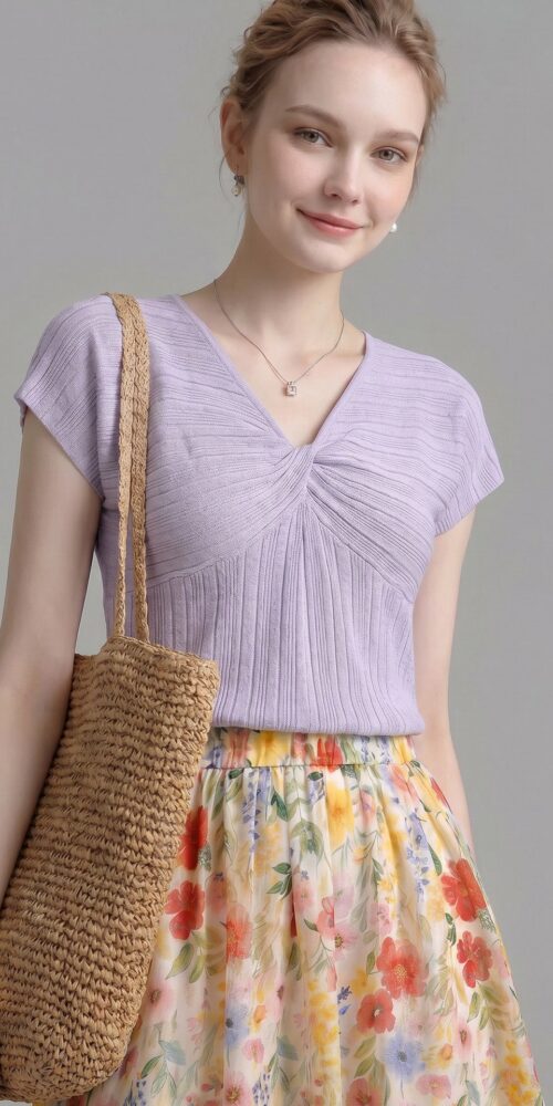 FRONT TWIST V NECK CAP SLEEVE TEXTURED KNIT TOP