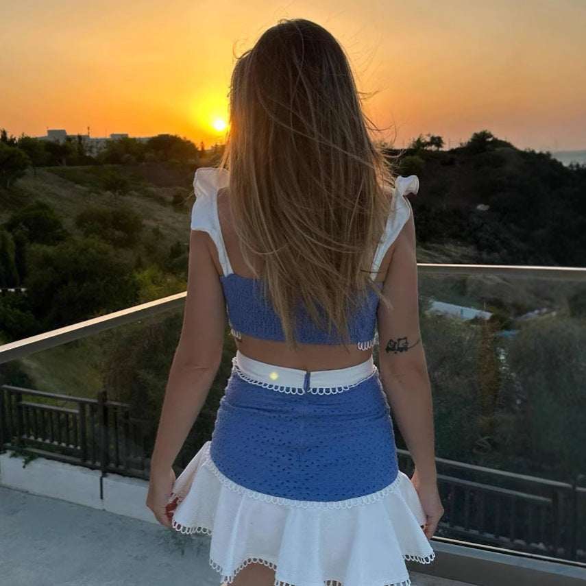 RUFFLE EYELET TWO-PIECE SKIRT SET FOR SUMMER