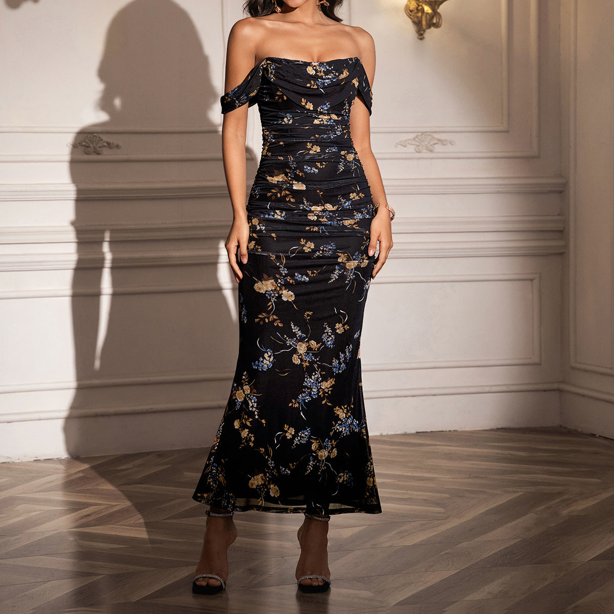 O1CN015i7zRt23jKmlPAzCf__3423897291-0-cib OFF SHOULDER DRAPED COWL RUCHED MESH MERMAID MAXI DRESS