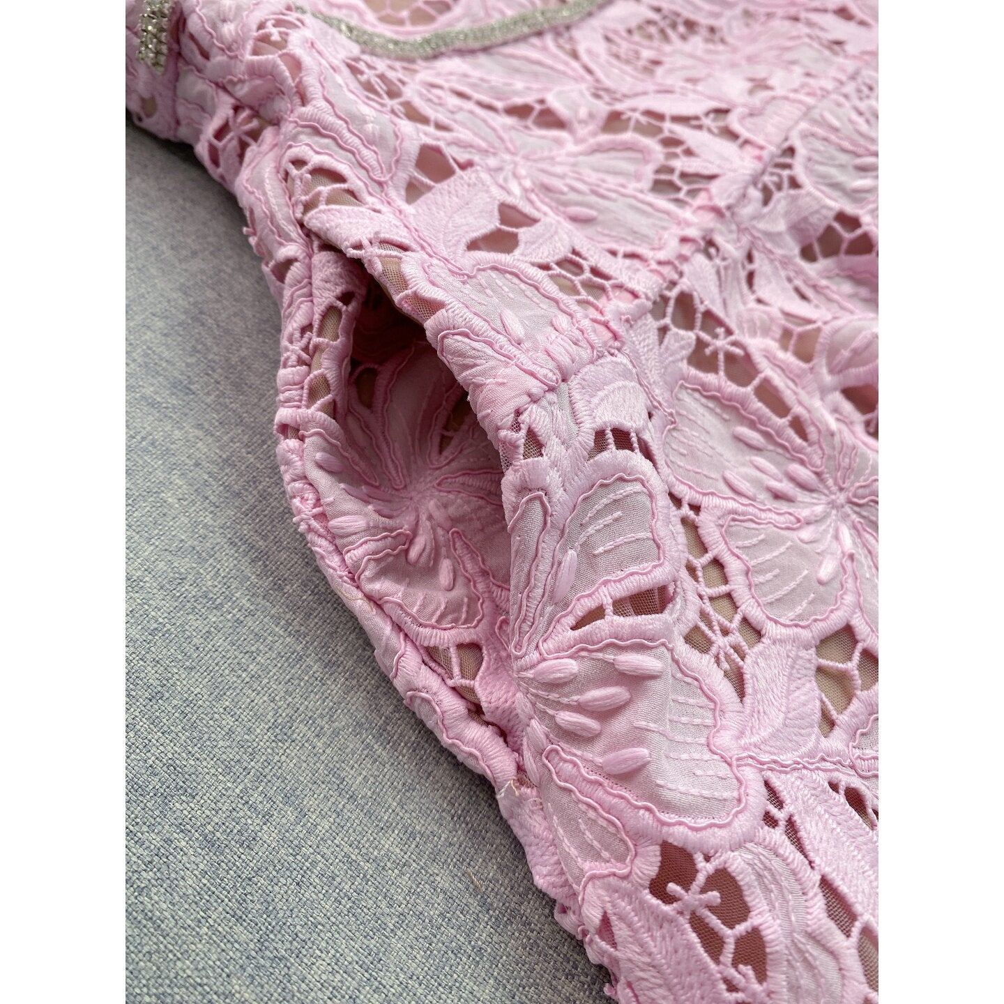 LIGHT PINK LACE FIT-AND-FLARE MINI DRESS