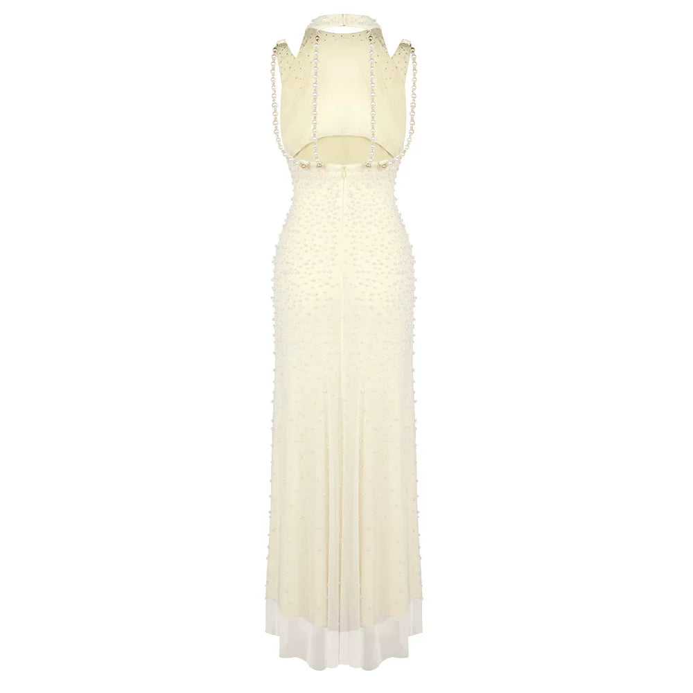 WHITE BEADED MERMAID GOWN SLEEVELESS CUTOUT PEARL MESH MAXI