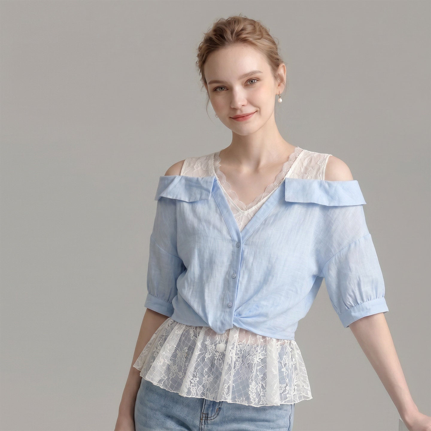 O1CN016NtucW1fP8cPvCQQl__163593998 TWO PIECE COLD SHOULDER TWIST HEM BLOUSE WITH LACE CAMISOLE