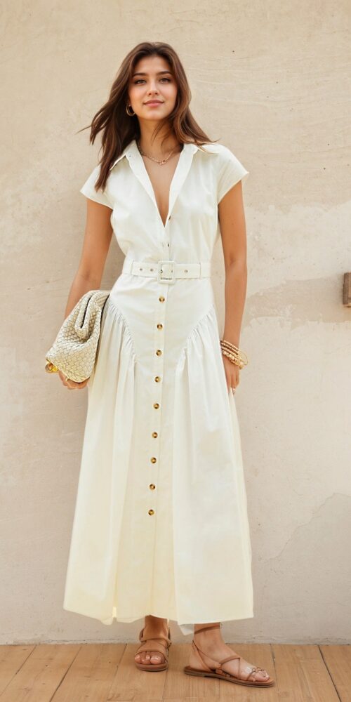 CAP SLEEVE BELTED SHIRT MAXI DRESS