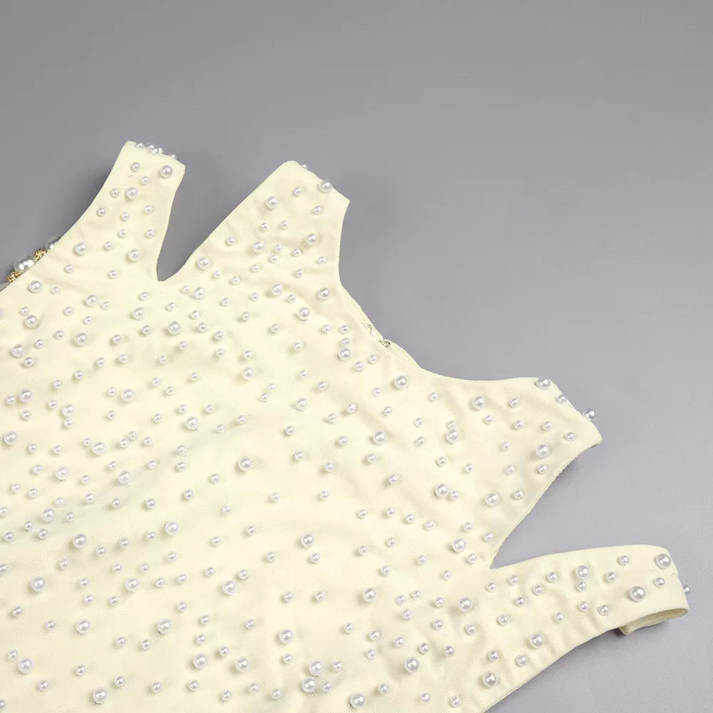 WHITE BEADED MERMAID GOWN SLEEVELESS CUTOUT PEARL MESH MAXI