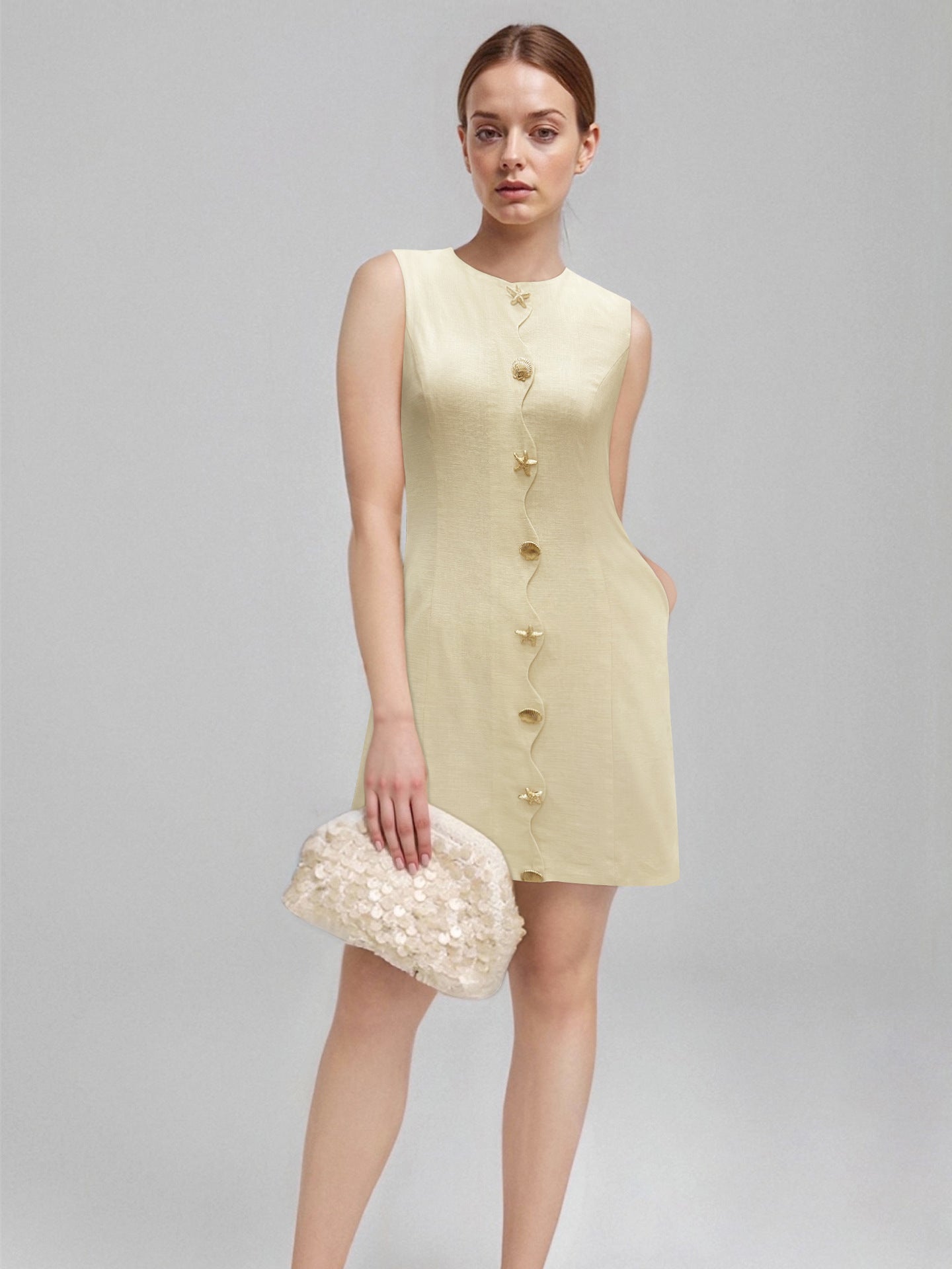 O1CN017RRhMx1zMCIfkgfii__2217524266699-0-cib PALE YELLOW SLEEVELESS SHELL BUTTON STRAIGHT MINI DRESS
