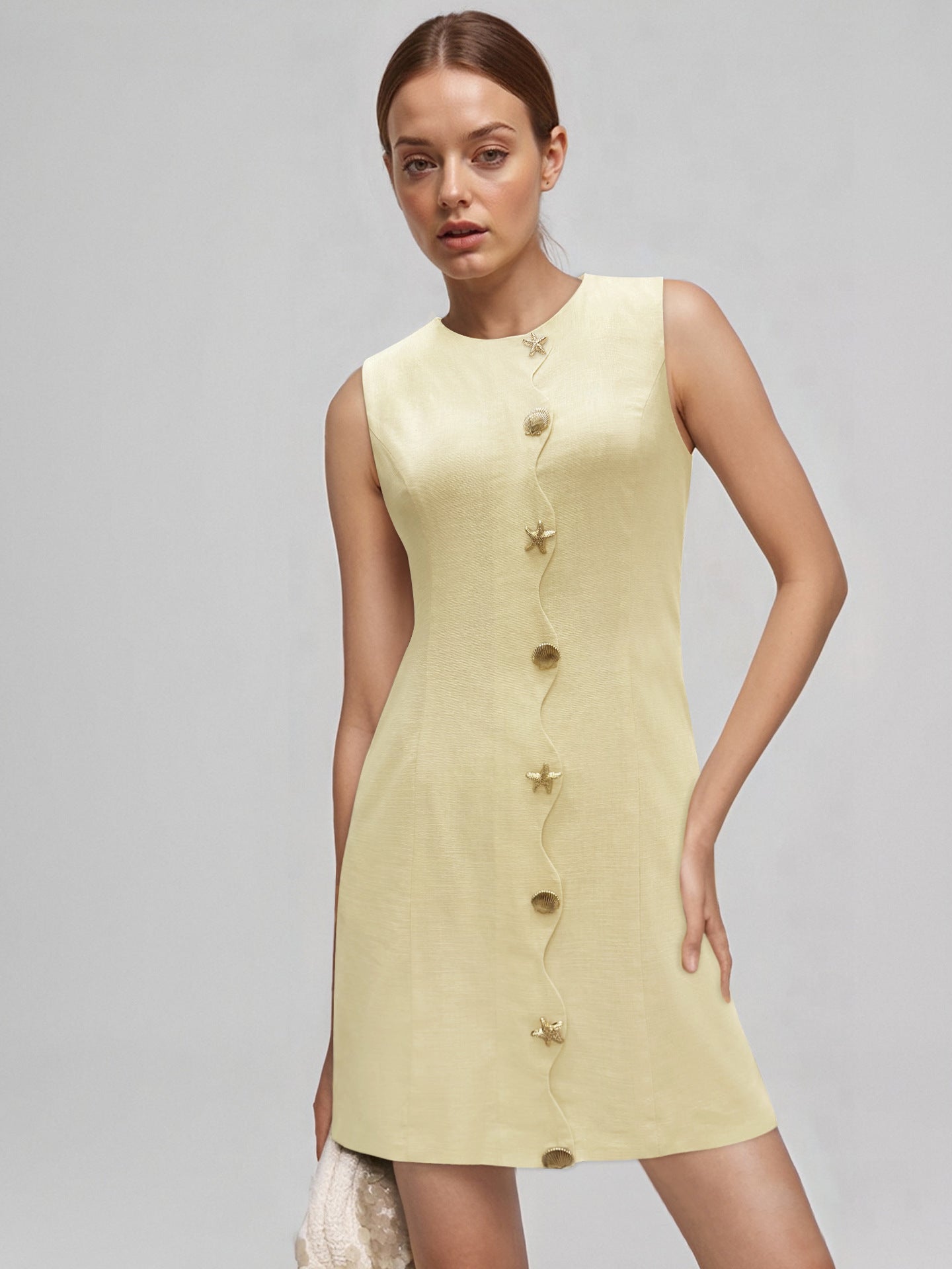 O1CN017WKftE1zMCJBJ1ekg__2217524266699-0-cib PALE YELLOW SLEEVELESS SHELL BUTTON STRAIGHT MINI DRESS